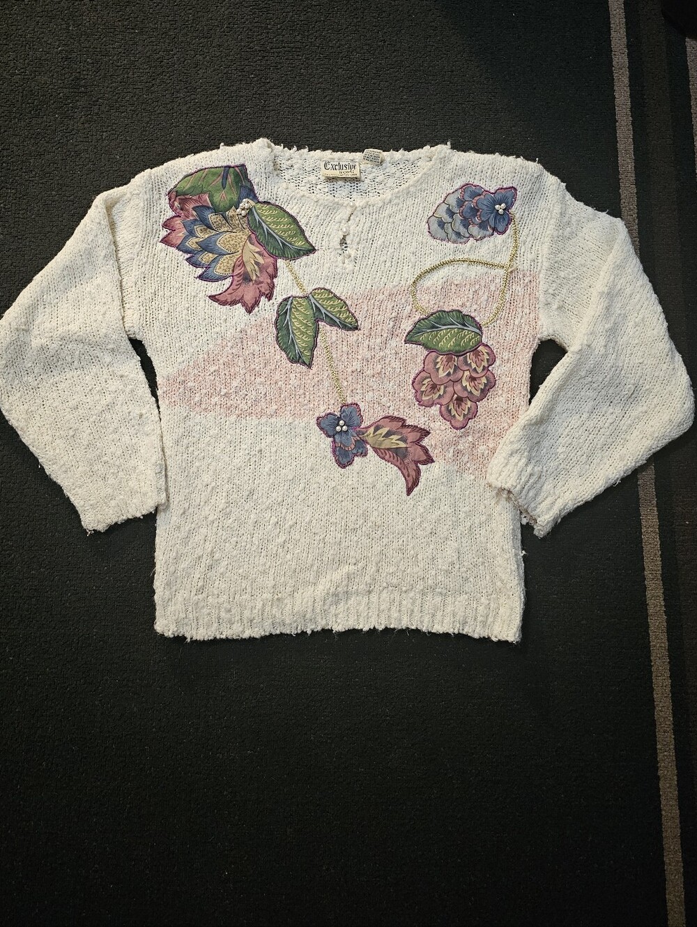 Exclusive Imports Vintage Cream Crewneck Sweater with Multicolor Floral Appliqué